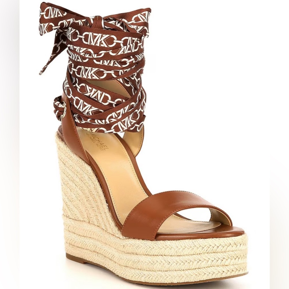 NIB Michael Kors Esme Leather Espadrille Wedge Sandals Color: Luggage Size: 7.5